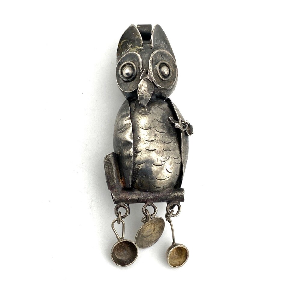 Vintage Guatemalan Sterling Silver Owl Hair Locket Pendant Modernist Guardapelo